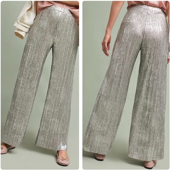 ANTHRO ELEVENSES Silver metallic wide leg pants XS - Picture 1 of 5